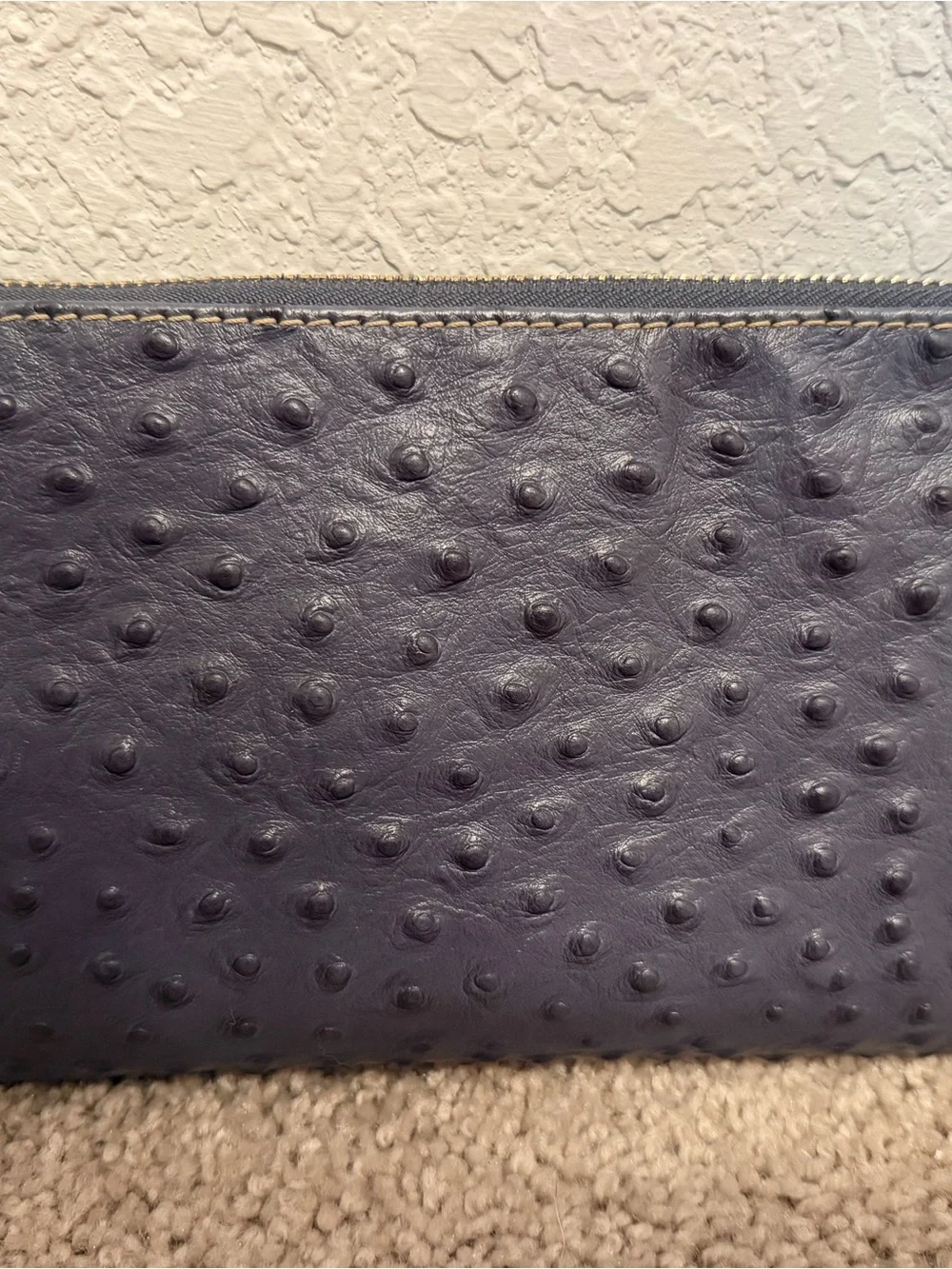 Dooney & Bourke Navy Ostrich-Texture Leather Wristlet with Brown Strap